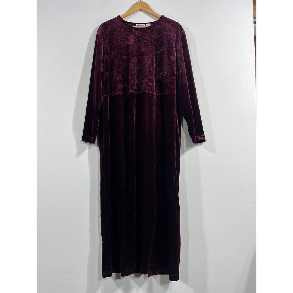 Bold Spirit VTG Whimsigoth Burgundy Velvet Embroidered Floral Maxi Dress 1X